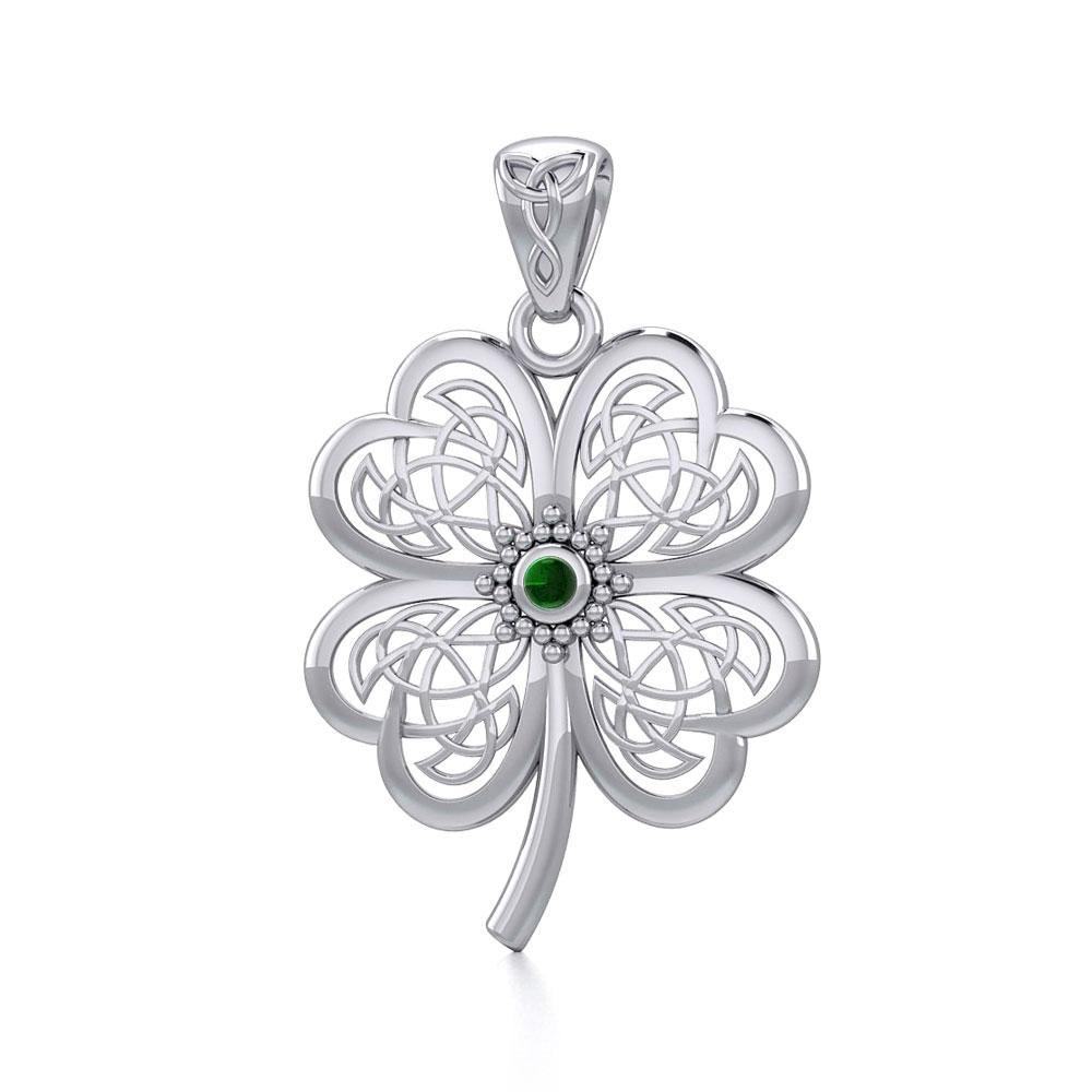 Lucky Celtic Four Leaf Clover Silver Pendant with Gemstone TPD5373 - Jewelry