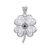 Lucky Celtic Four Leaf Clover Silver Pendant with Gemstone TPD5373 - Jewelry