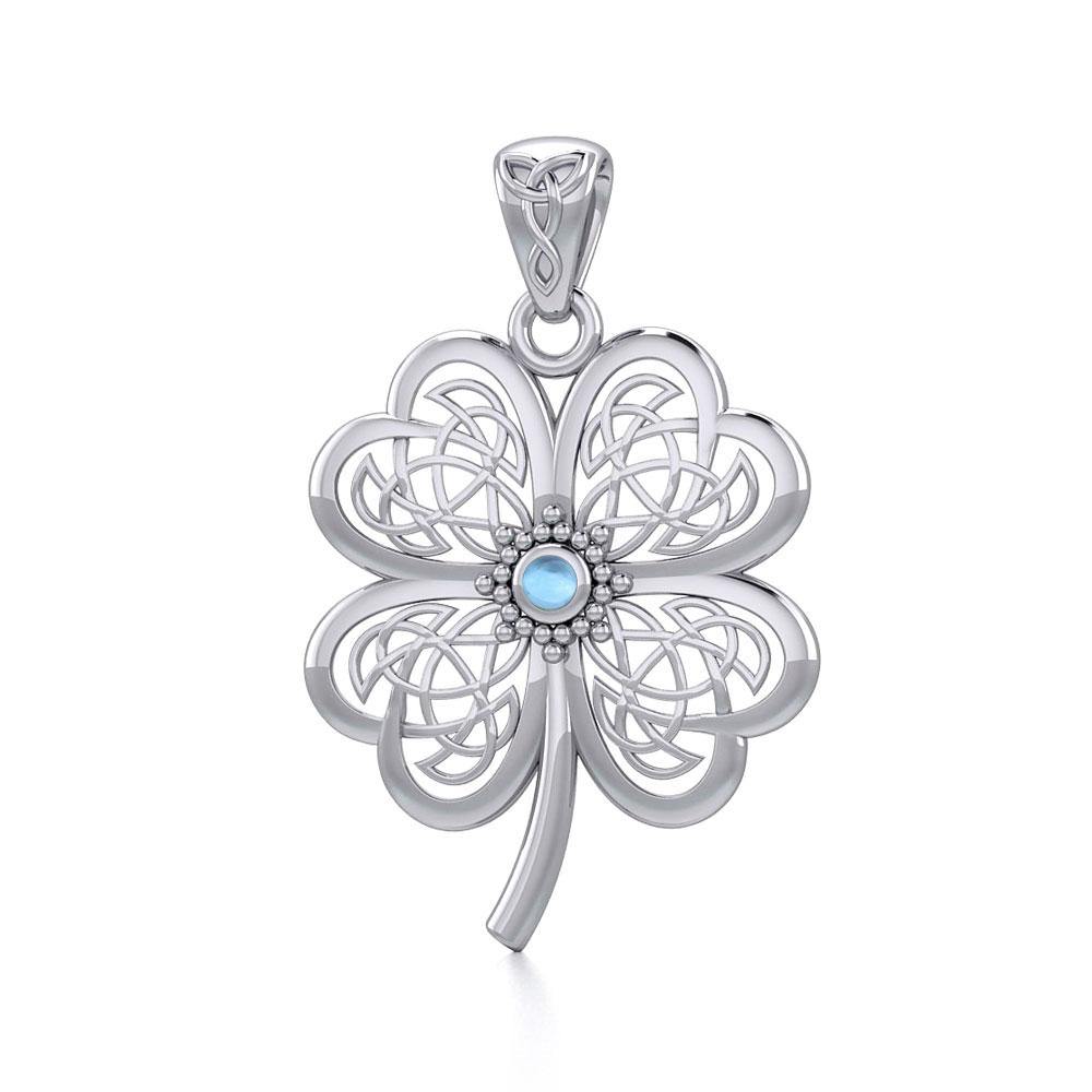 Lucky Celtic Four Leaf Clover Silver Pendant with Gemstone TPD5373 - Jewelry