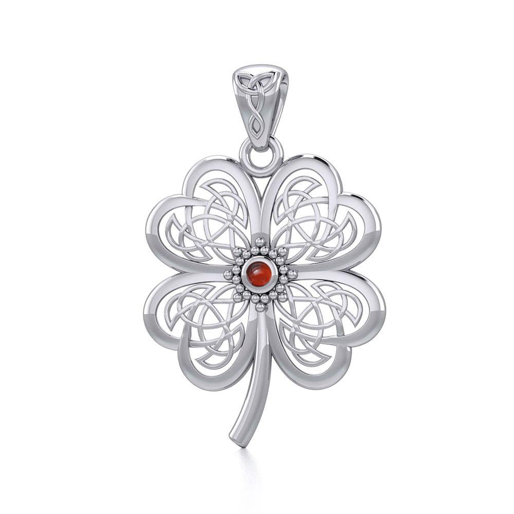 Lucky Celtic Four Leaf Clover Silver Pendant with Gemstone TPD5373 - Jewelry