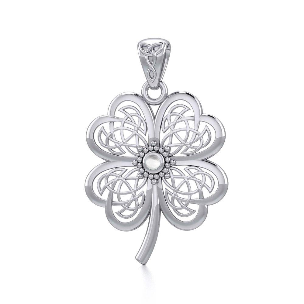 Lucky Celtic Four Leaf Clover Silver Pendant with Gemstone TPD5373 - Jewelry