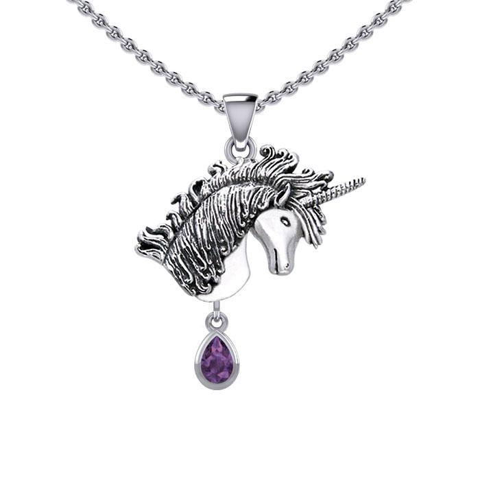 Unicorn Silver Pendant with Dangling Gemstone TPD5426 - Jewelry