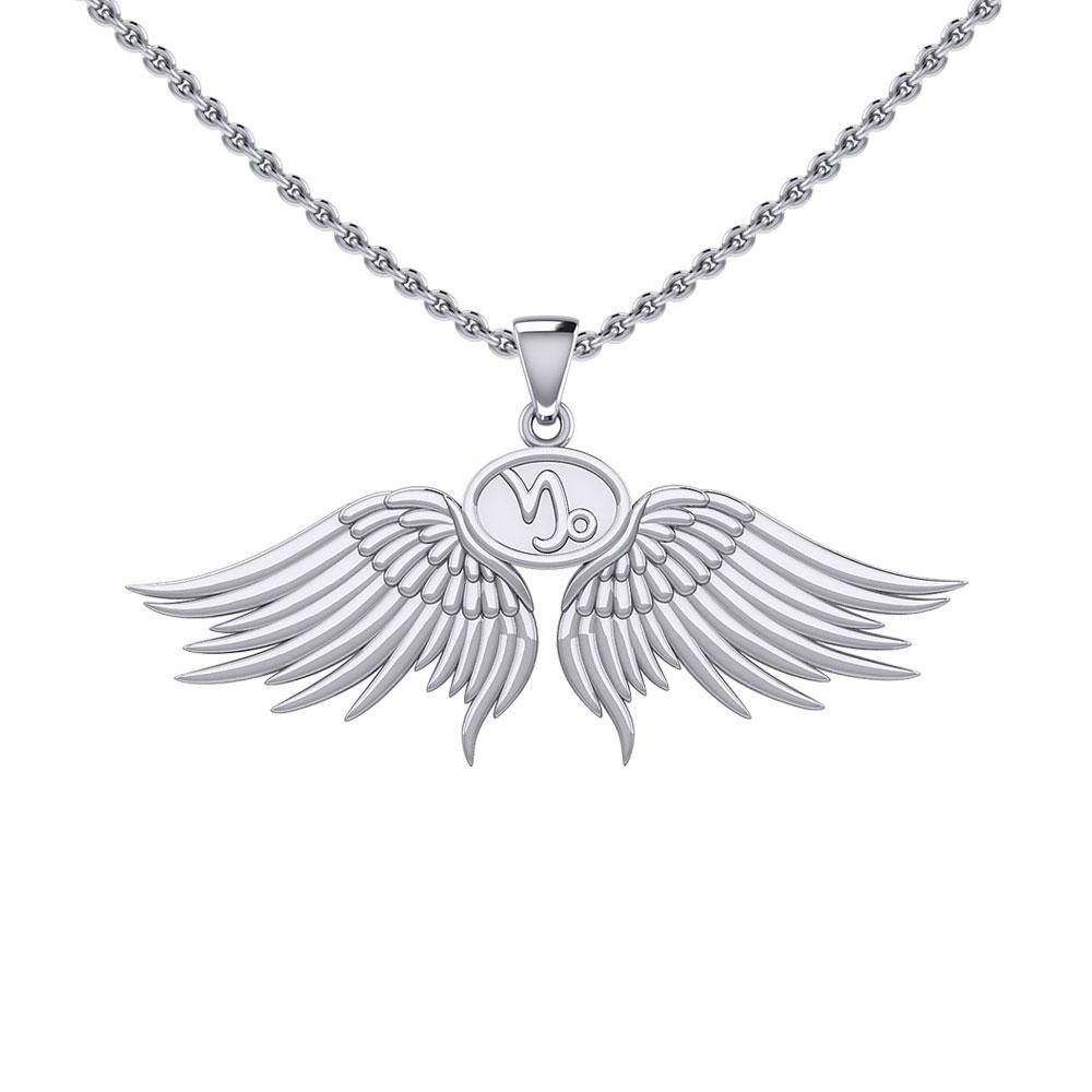 Guardian Angel Wings Silver Pendant with Capricorn Zodiac Sign TPD5512 - Jewelry