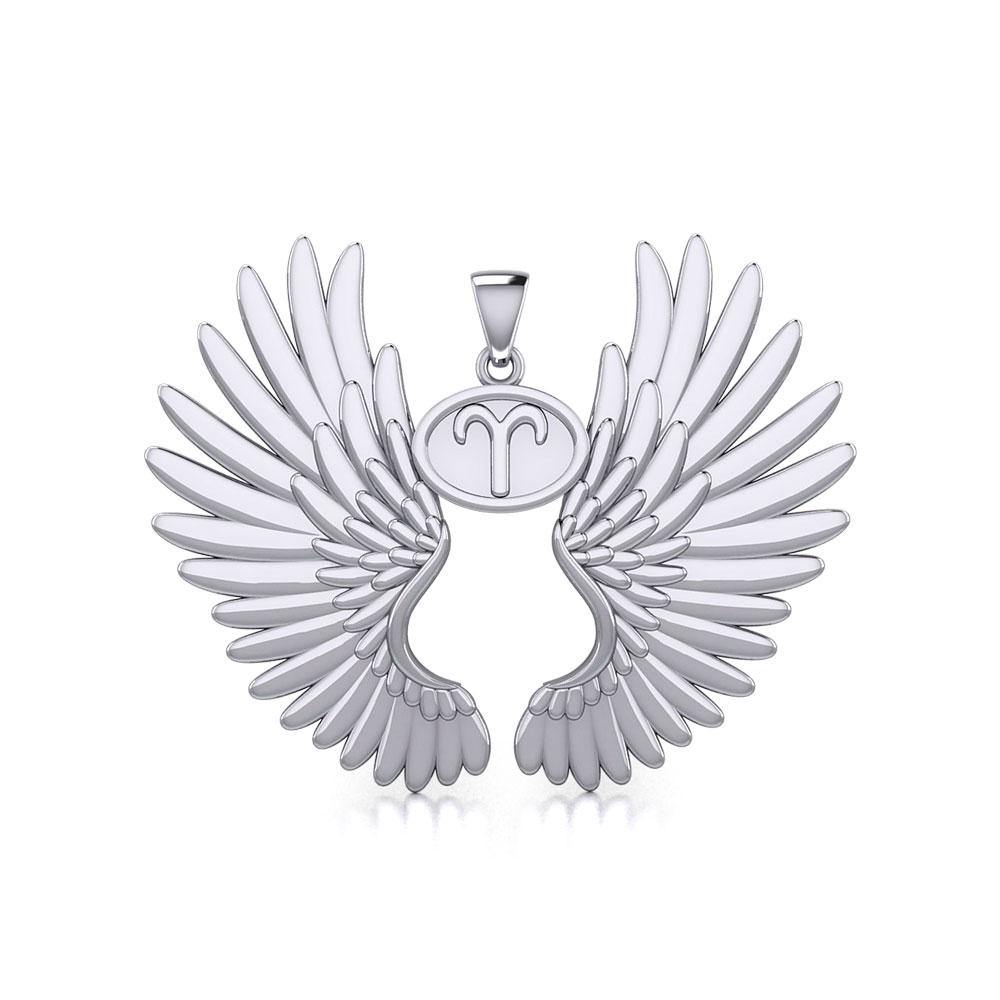 Guardian Angel Wings Silver Pendant with Aries Zodiac Sign TPD5515 - Jewelry