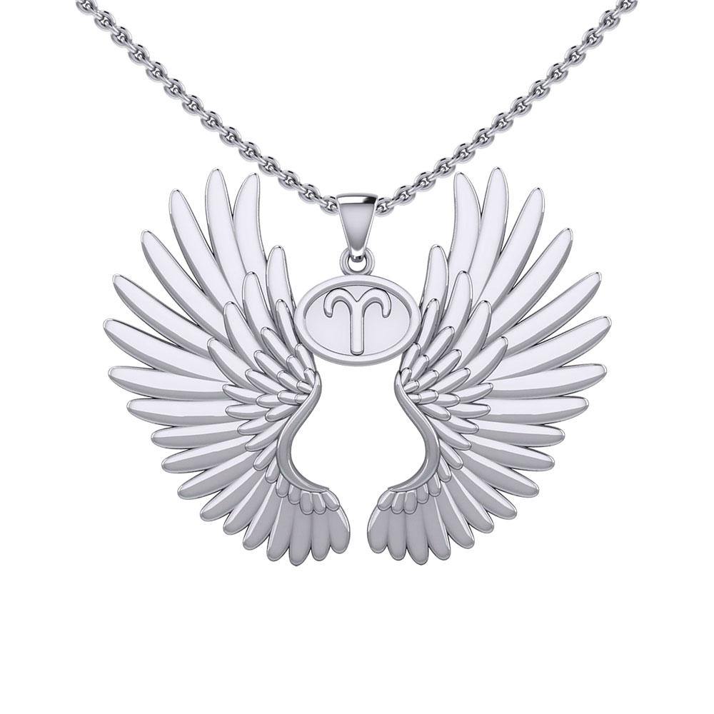 Guardian Angel Wings Silver Pendant with Aries Zodiac Sign TPD5515 - Jewelry