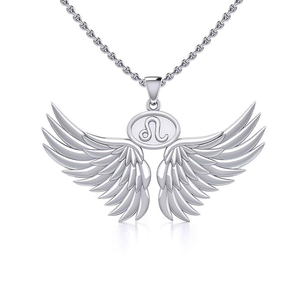 Guardian Angel Wings Silver Pendant with Leo Zodiac Sign TPD5519 - Jewelry