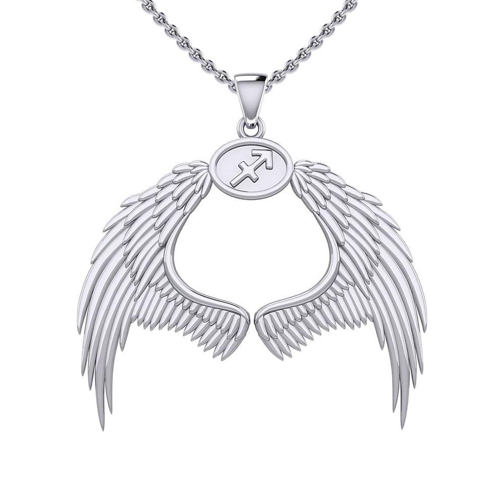 Guardian Angel Wings Silver Pendant with Sagittarius Zodiac Sign TPD5523 - Jewelry