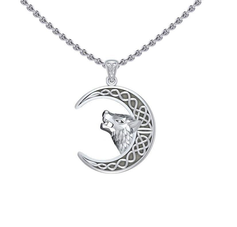 Wolf Head with Celtic Crescent Moon Silver Pendant TPD5552 - Jewelry