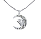 Wolf Head with Celtic Crescent Moon Silver Pendant TPD5552 - Jewelry