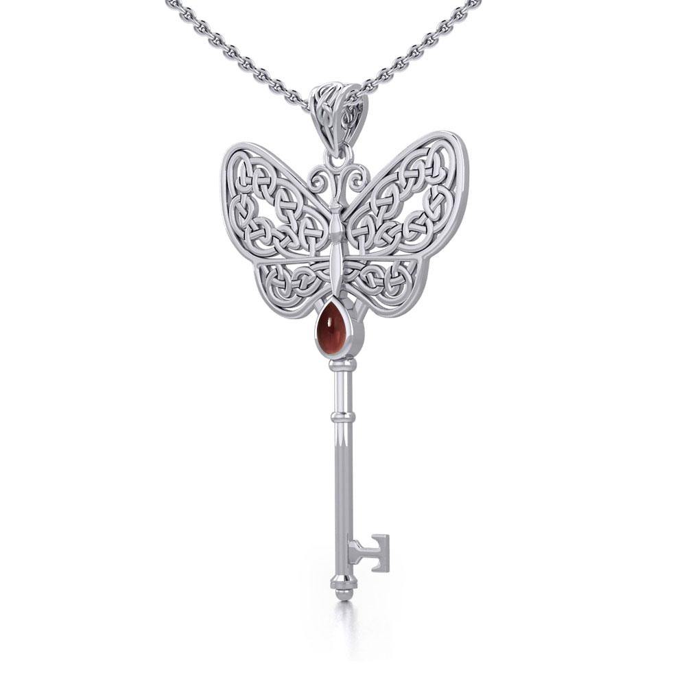 Celtic Butterfly Spiritual Enchantment Key Silver Pendant with Gem TPD5686 - Jewelry