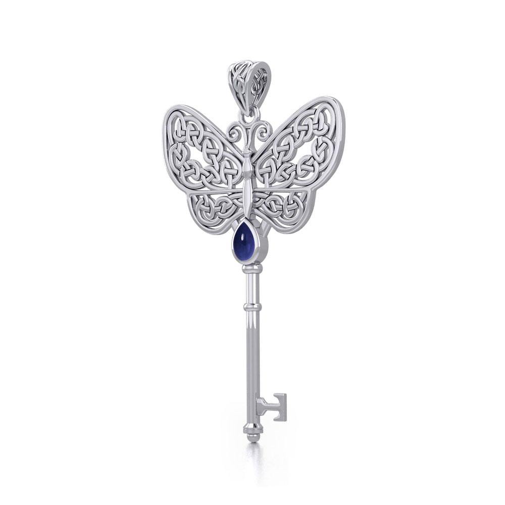 Celtic Butterfly Spiritual Enchantment Key Silver Pendant with Gem TPD5686 - Jewelry