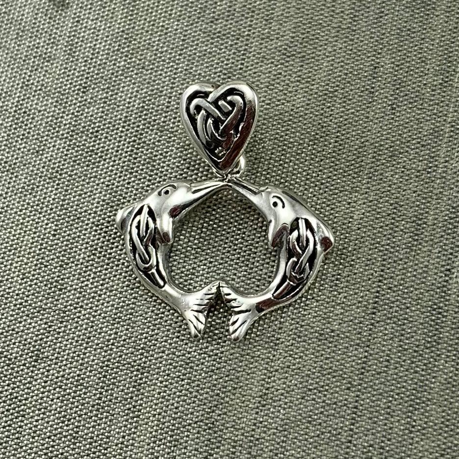 Celtic Double Dolphins with Celtic Heart Bale Silver Pendant TPD5697 - Jewelry