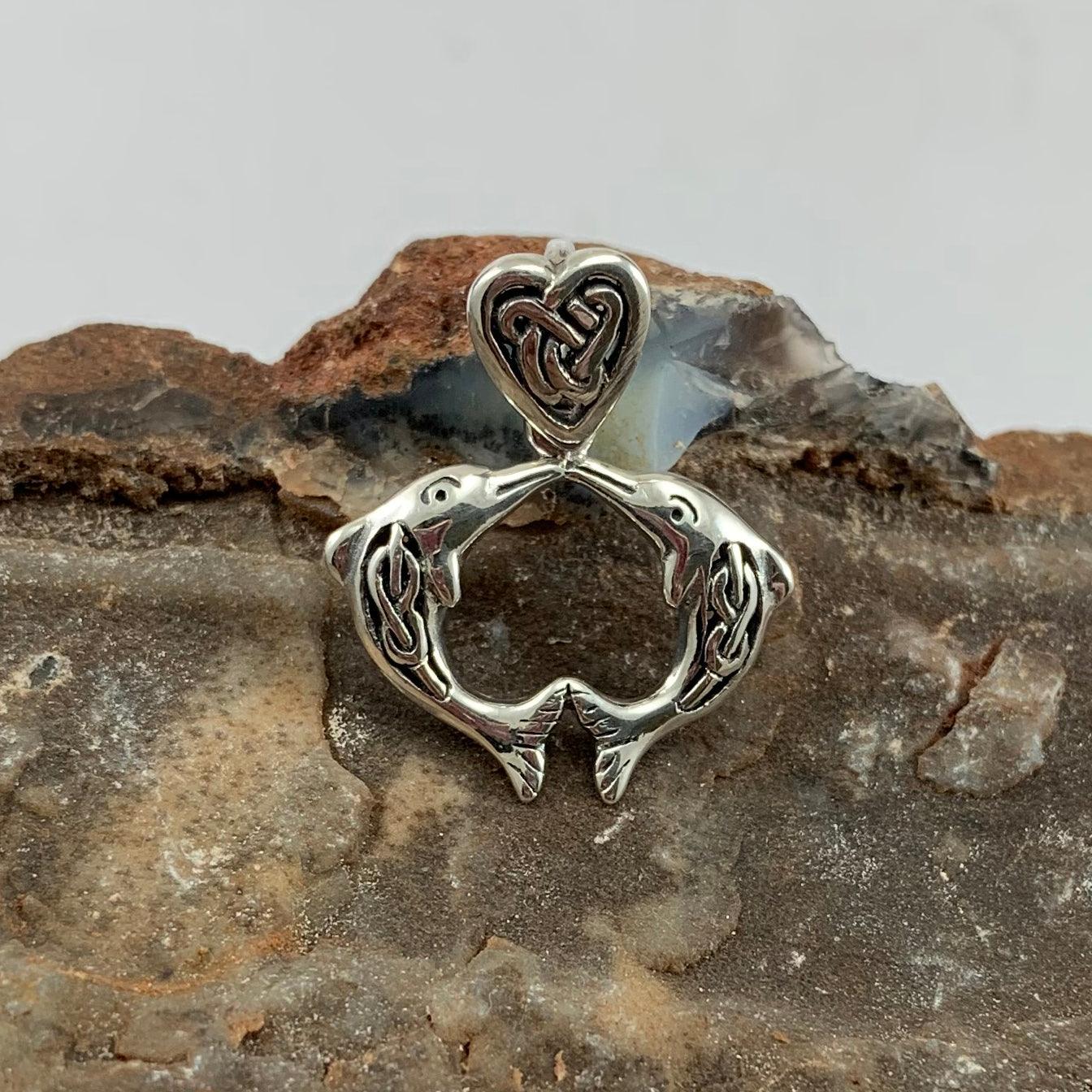 Celtic Double Dolphins with Celtic Heart Bale Silver Pendant TPD5697 - Jewelry
