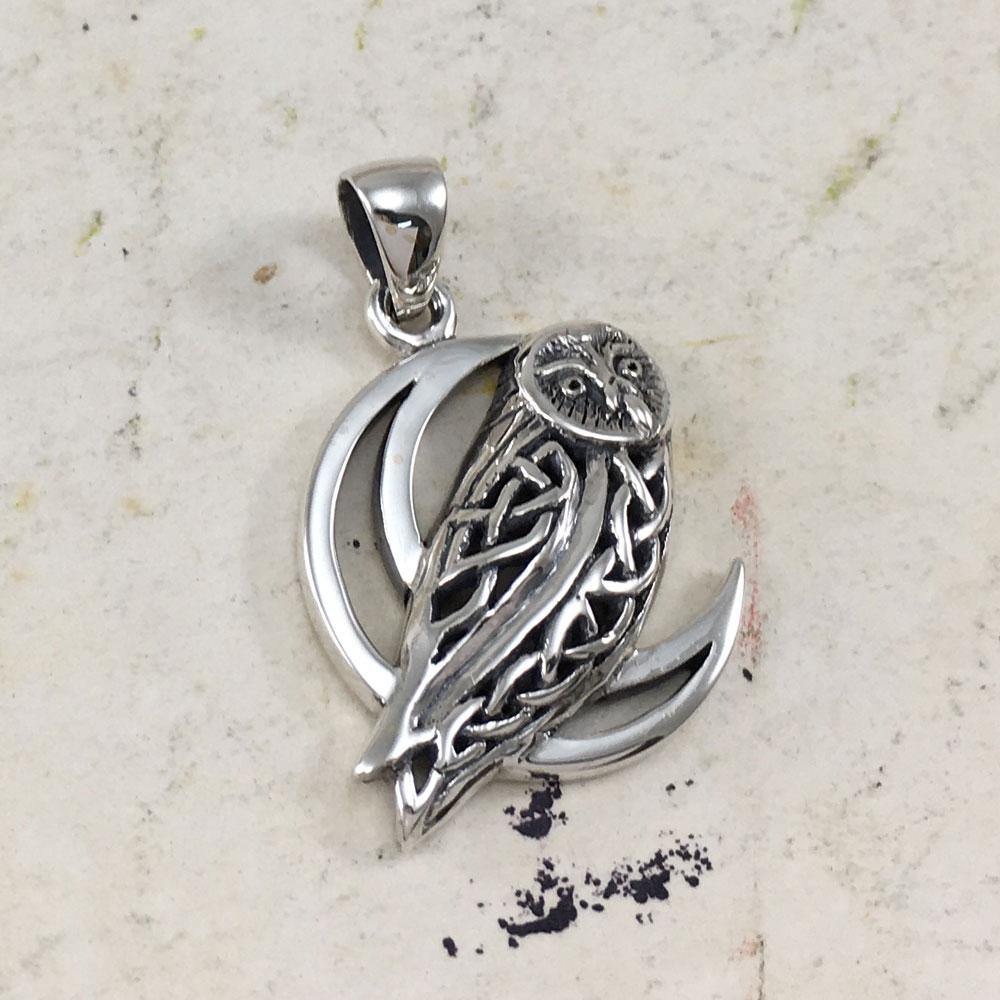 Celtic Owl on Crescent Moon Silver Pendant TPD5714 - Jewelry