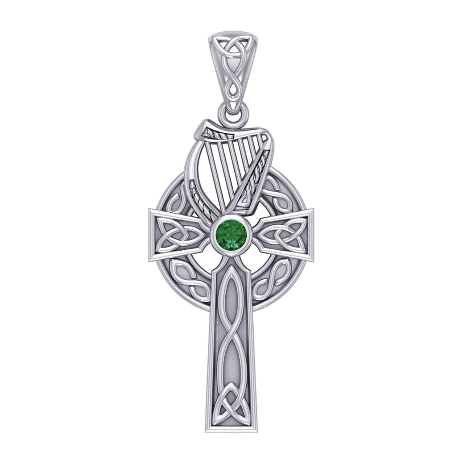Celtic Knotwork Silver Cross with Harp Pendant TPD5865 - Jewelry
