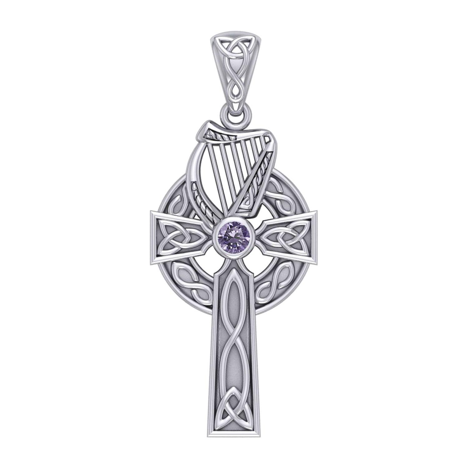 Celtic Knotwork Silver Cross with Harp Pendant TPD5865 - Jewelry
