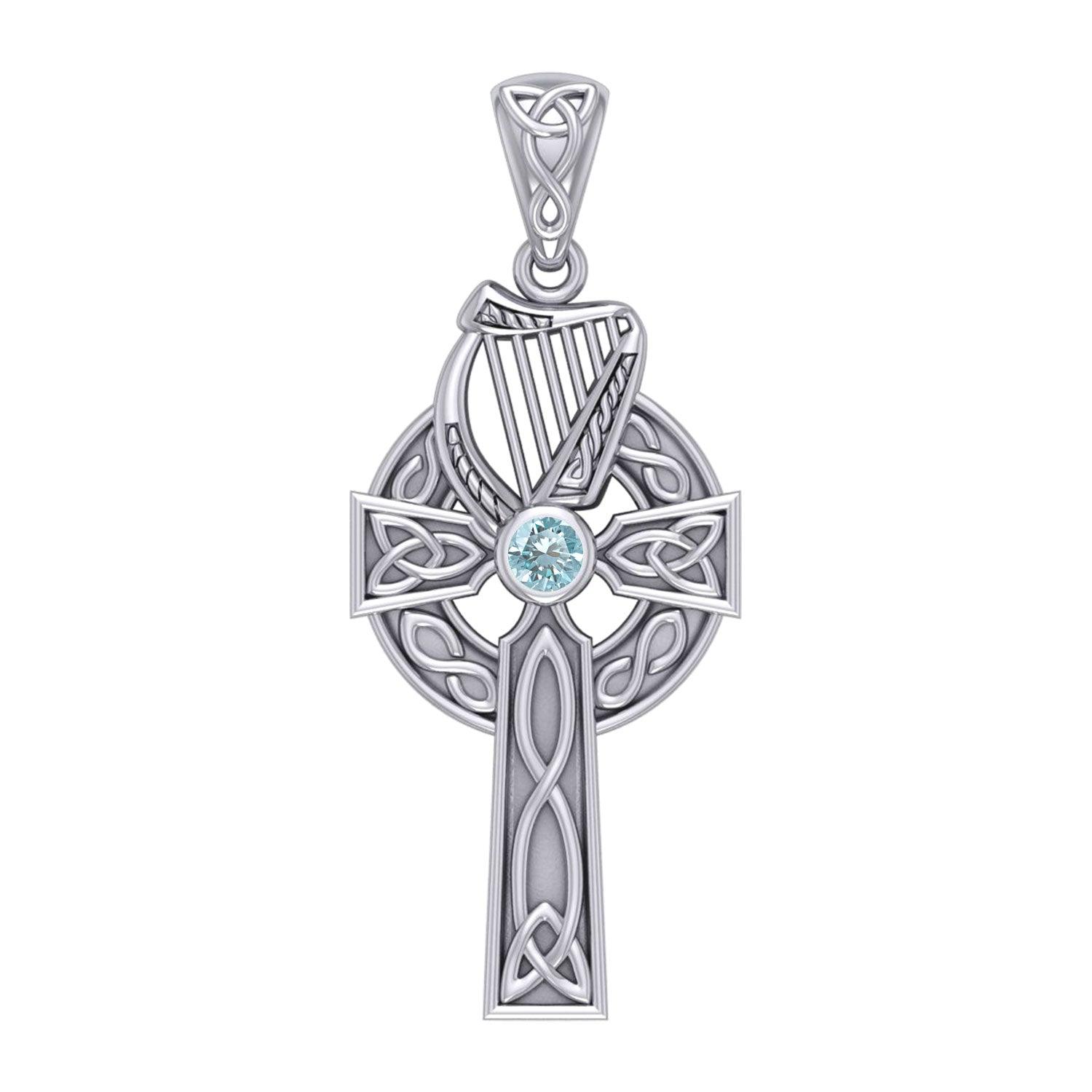 Celtic Knotwork Silver Cross with Harp Pendant TPD5865 - Jewelry