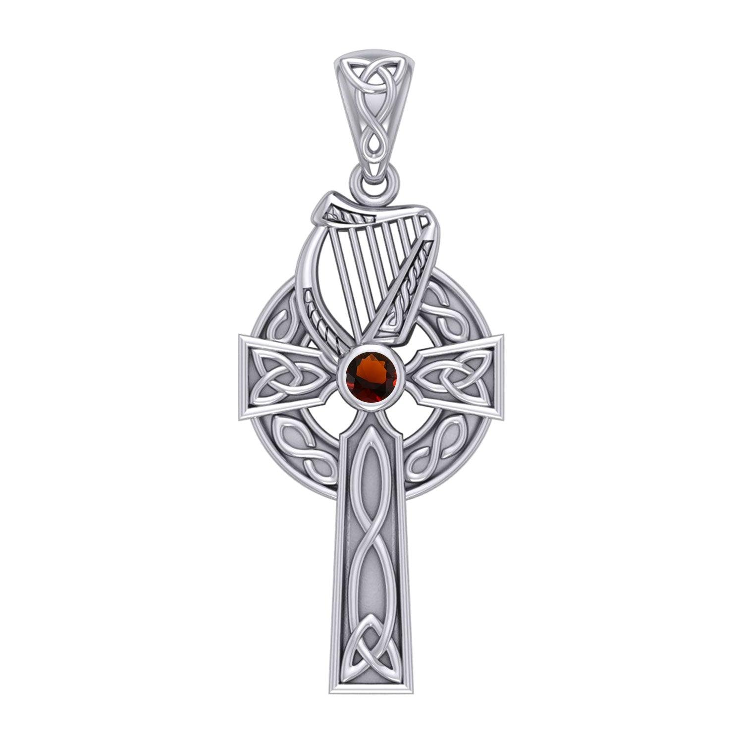 Celtic Knotwork Silver Cross with Harp Pendant TPD5865 - Jewelry