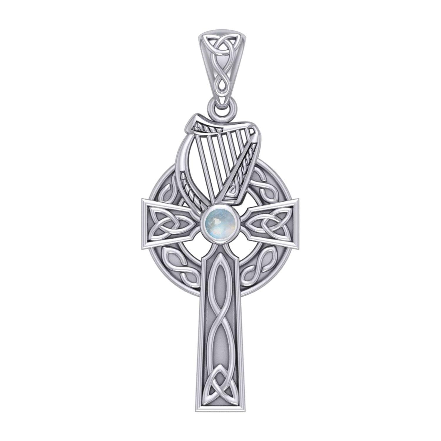 Celtic Knotwork Silver Cross with Harp Pendant TPD5865 - Jewelry