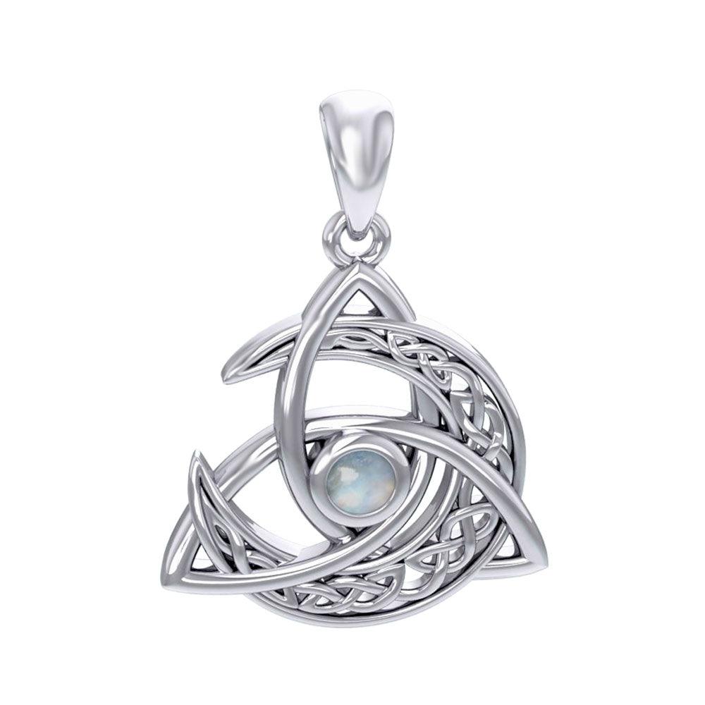Trinity Knot with Celtic Crescent Moon 14 K Solid White Gold Pendant with Gem WPD5883 - Jewelry