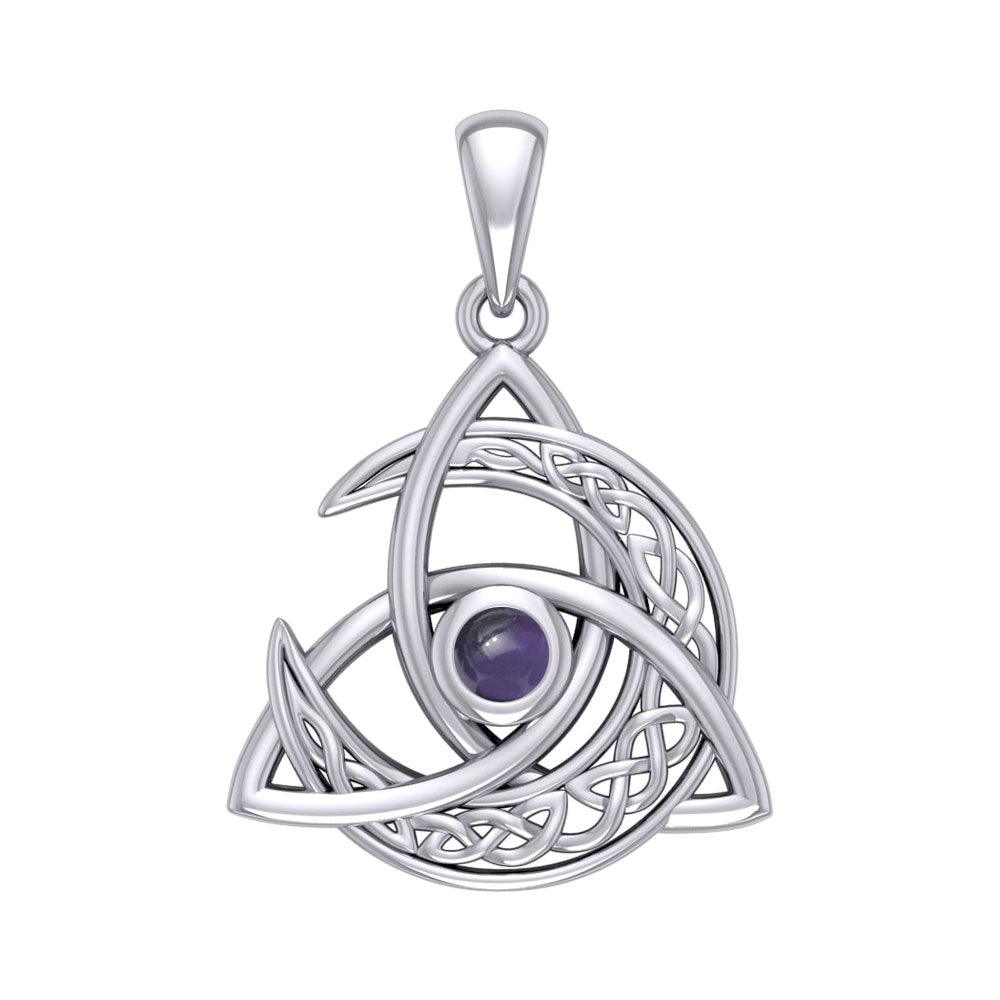 Trinity Knot with Celtic Crescent Moon 14 K Solid White Gold Pendant with Gem WPD5883 - Jewelry
