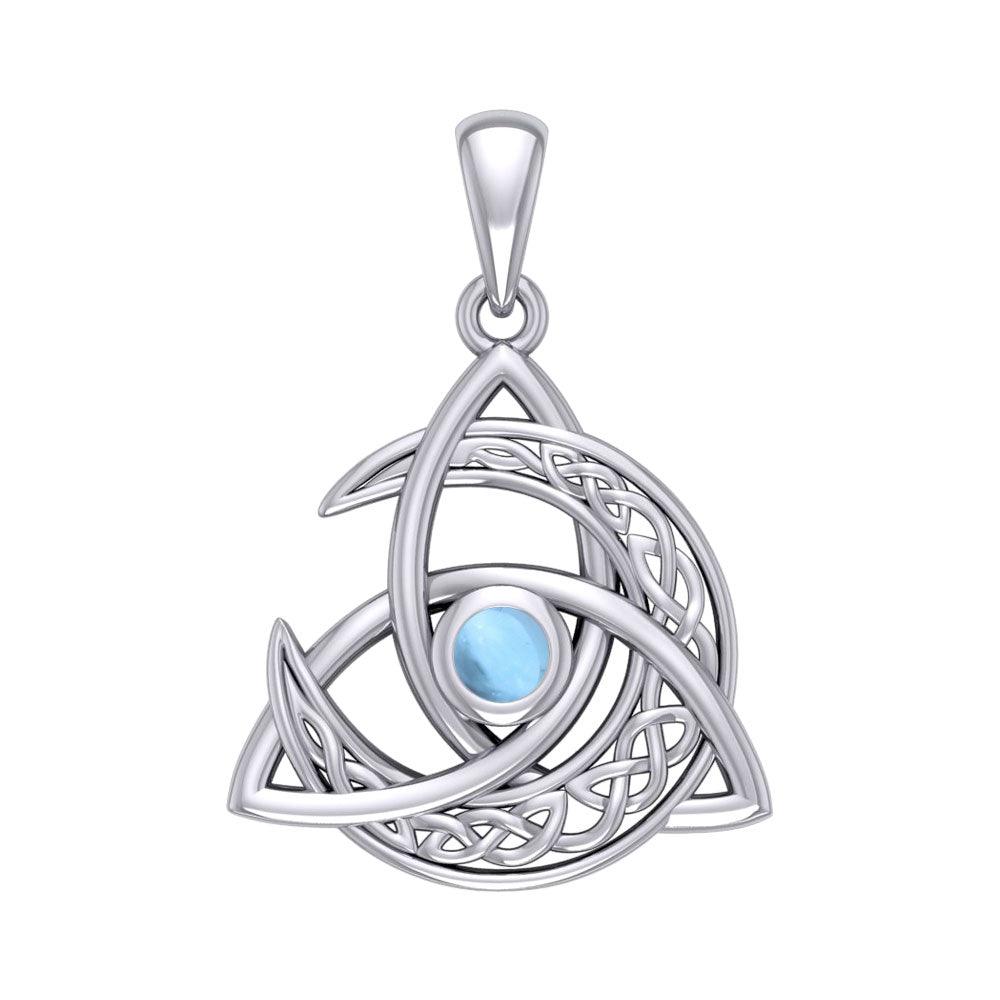 Trinity Knot with Celtic Crescent Moon 14 K Solid White Gold Pendant with Gem WPD5883 - Jewelry