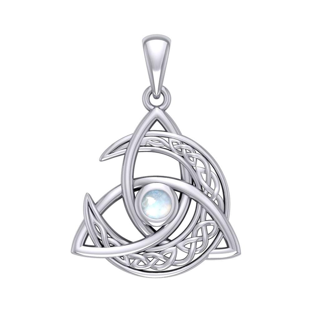 Trinity Knot with Celtic Crescent Moon 14 K Solid White Gold Pendant with Gem WPD5883 - Jewelry