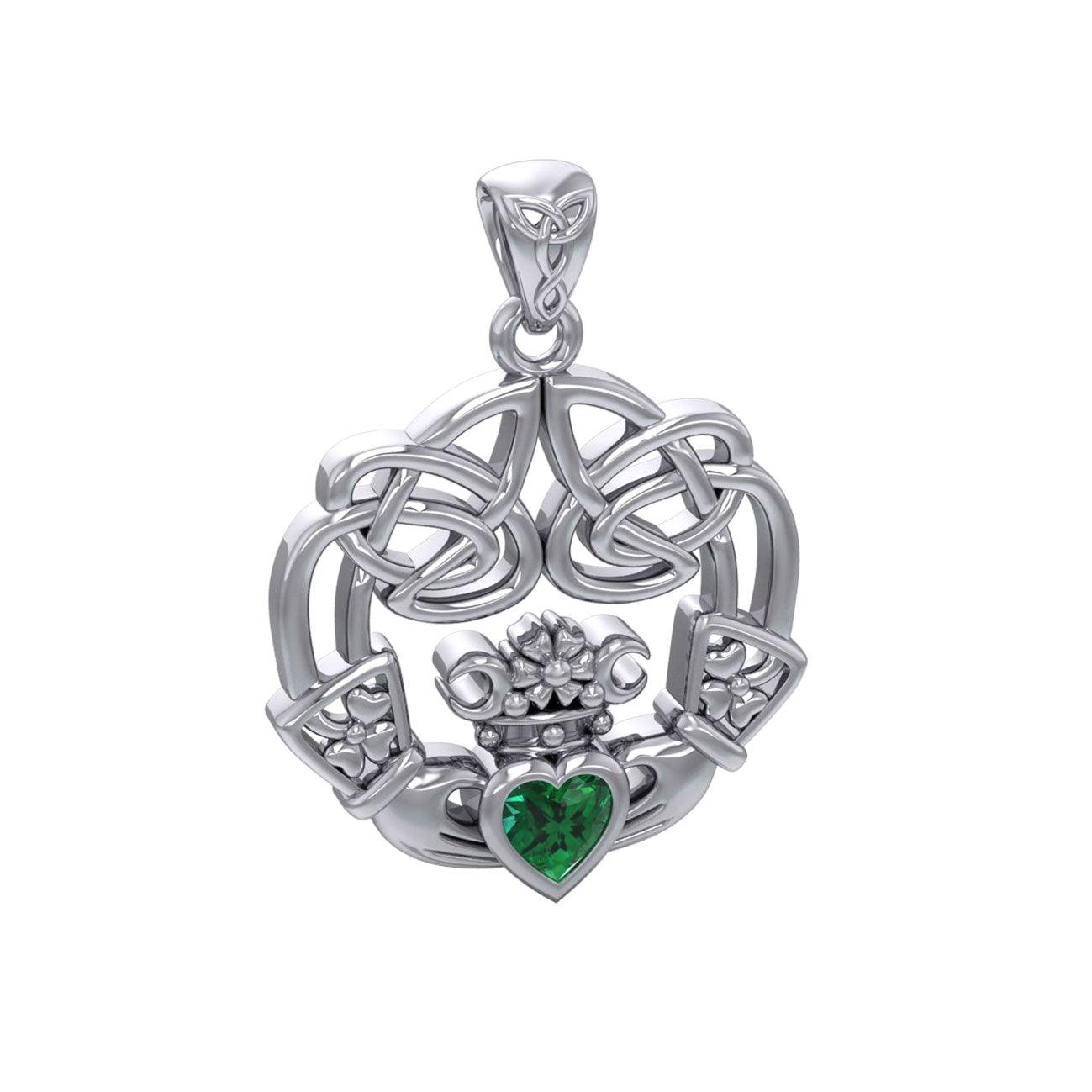 Irish Celtic Claddagh Silver Pendant with Gemstone TPD5905 - Jewelry