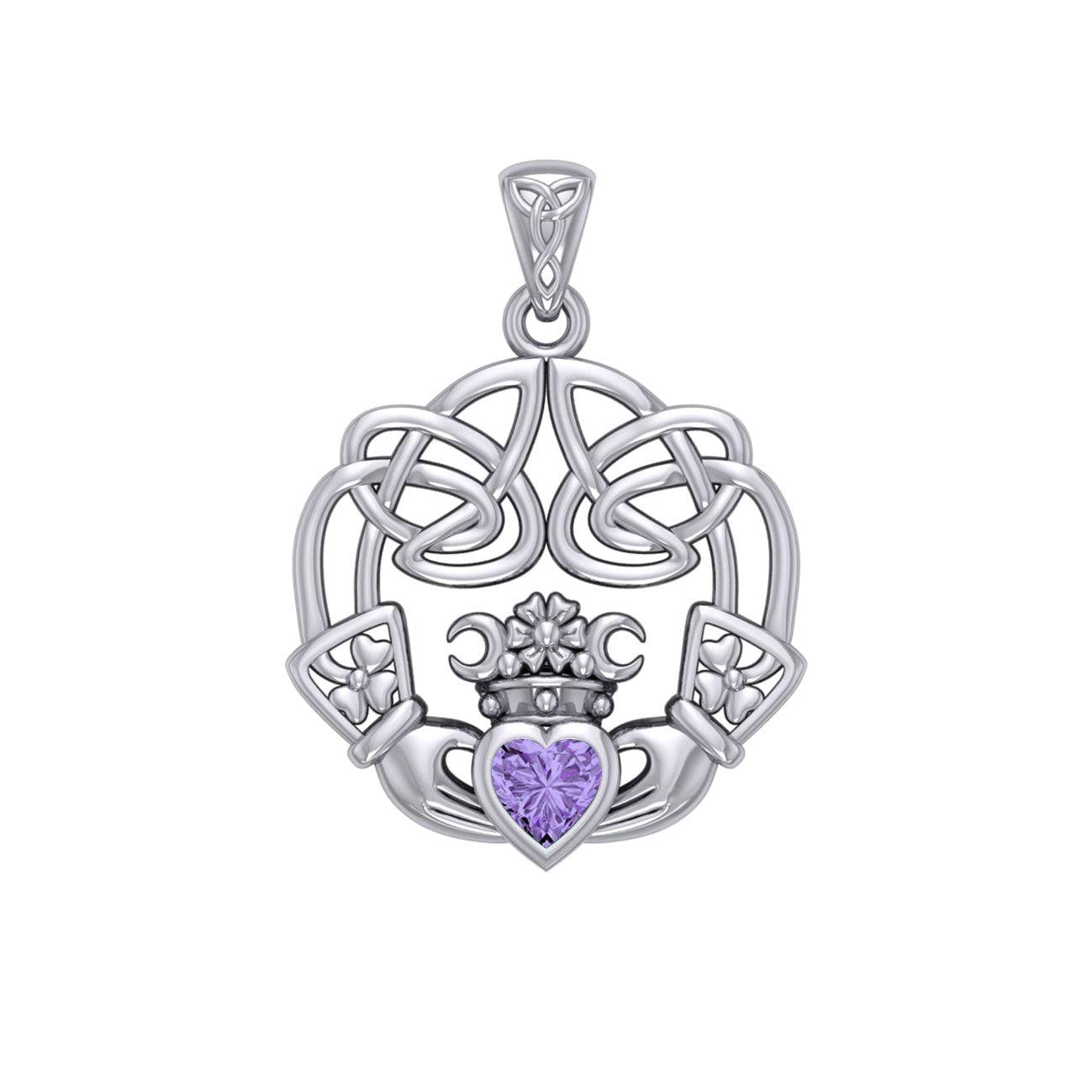 Irish Celtic Claddagh Silver Pendant with Gemstone TPD5905 - Jewelry
