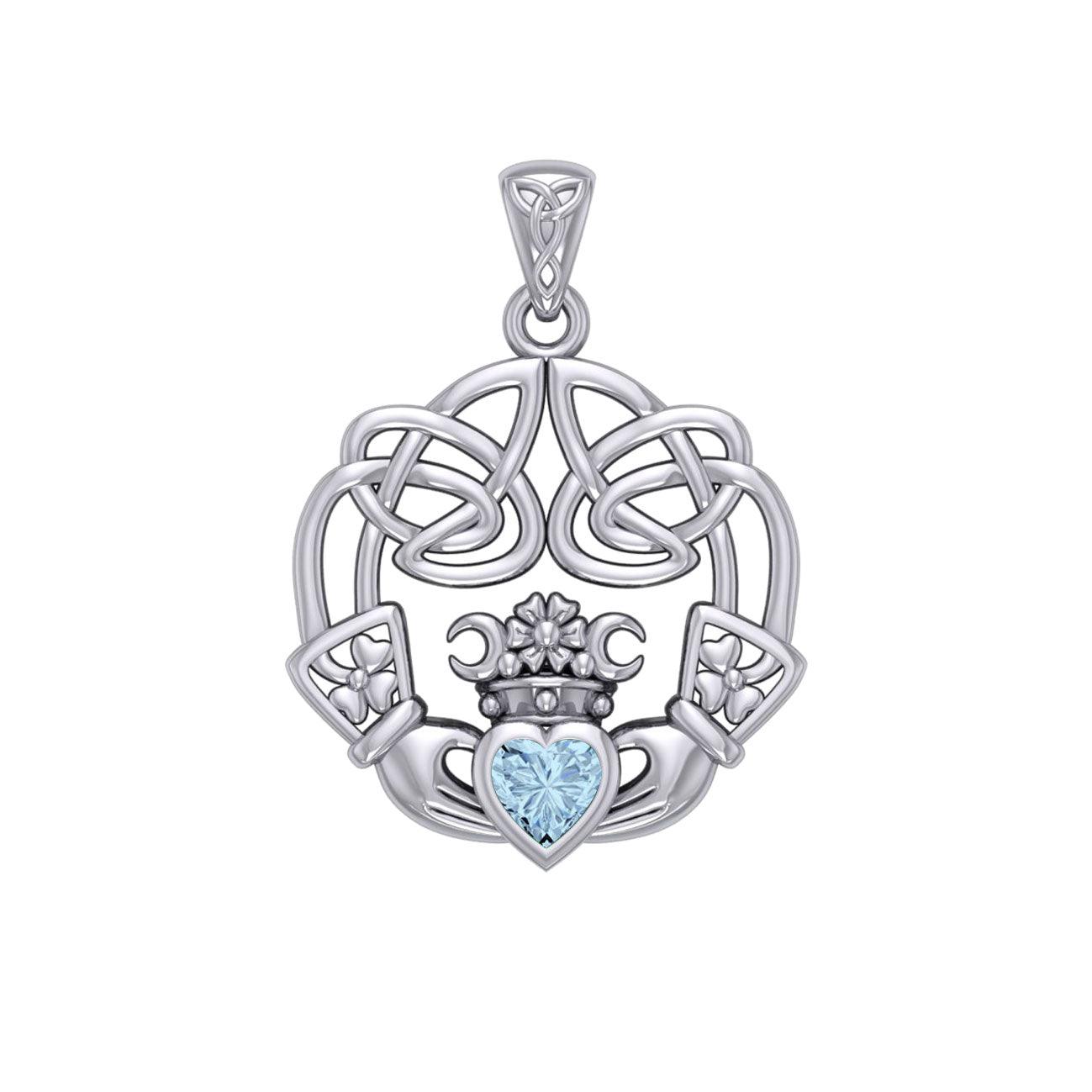 Irish Celtic Claddagh Silver Pendant with Gemstone TPD5905 - Jewelry