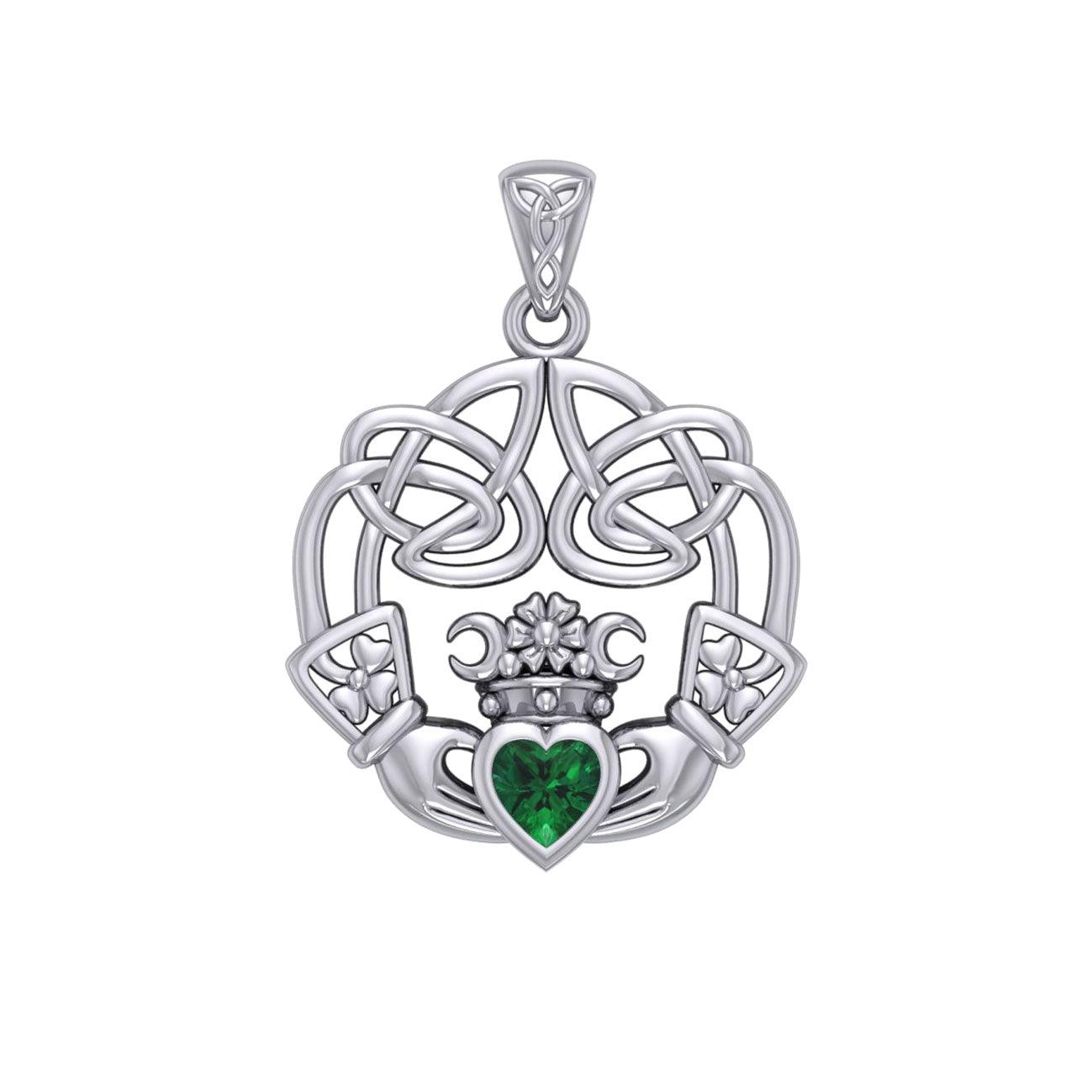 Irish Celtic Claddagh Silver Pendant with Gemstone TPD5905 - Jewelry