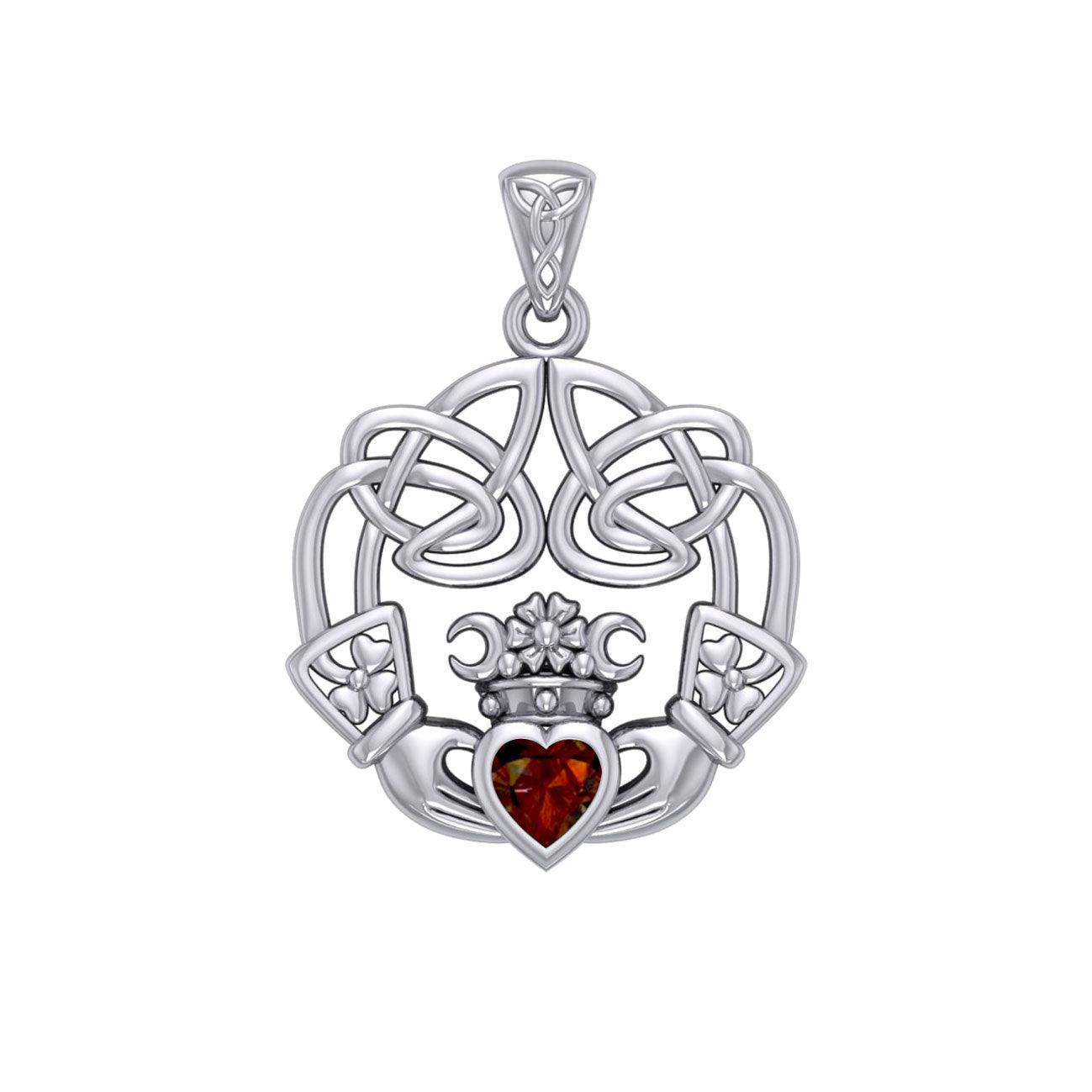 Irish Celtic Claddagh Silver Pendant with Gemstone TPD5905 - Jewelry