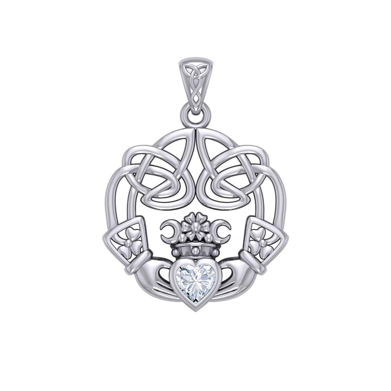 Irish Celtic Claddagh Silver Pendant with Gemstone TPD5905 - Jewelry