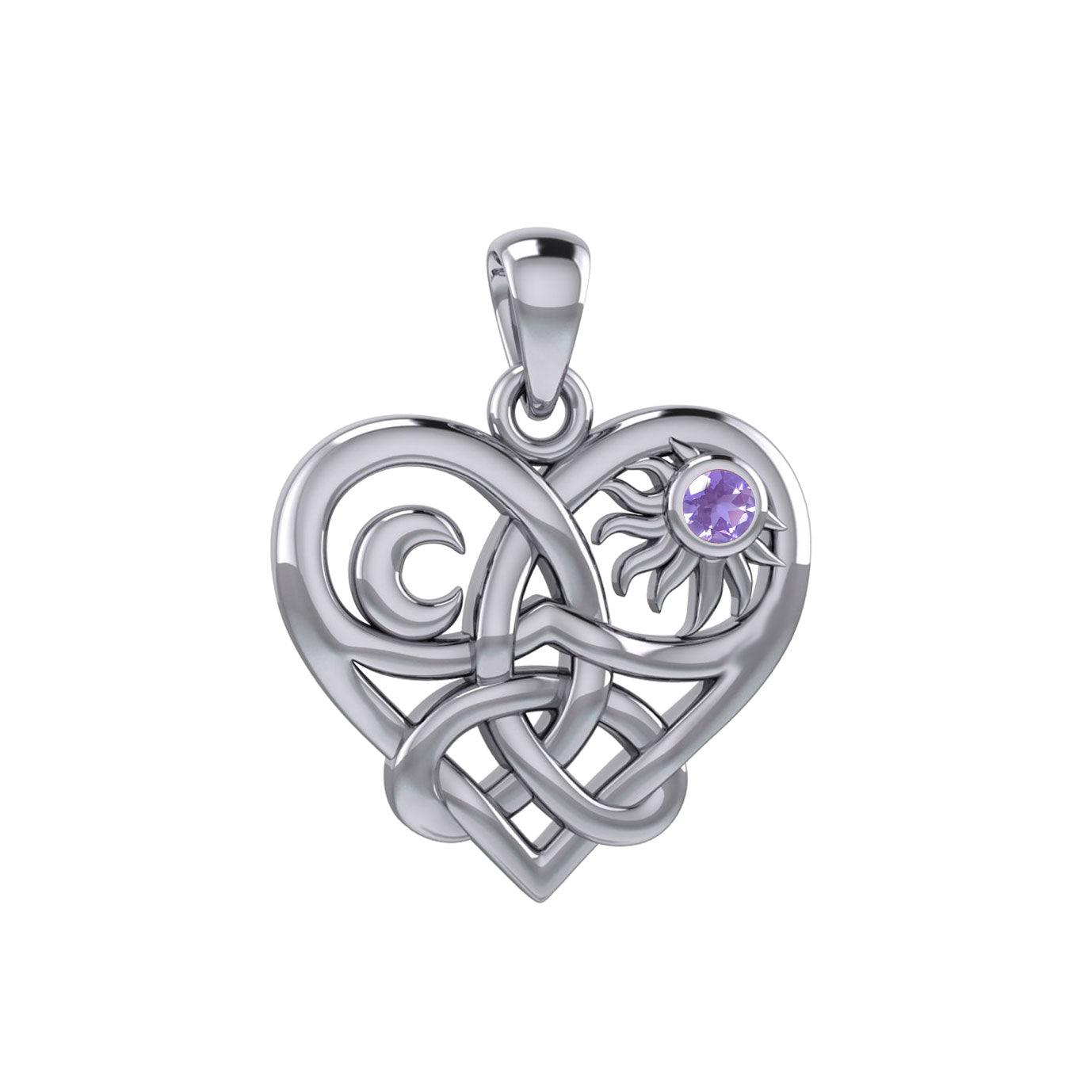 Celtic Trinity Heart with Sun and Moon Silver Pendant with Gemstone TPD6026 - Jewelry
