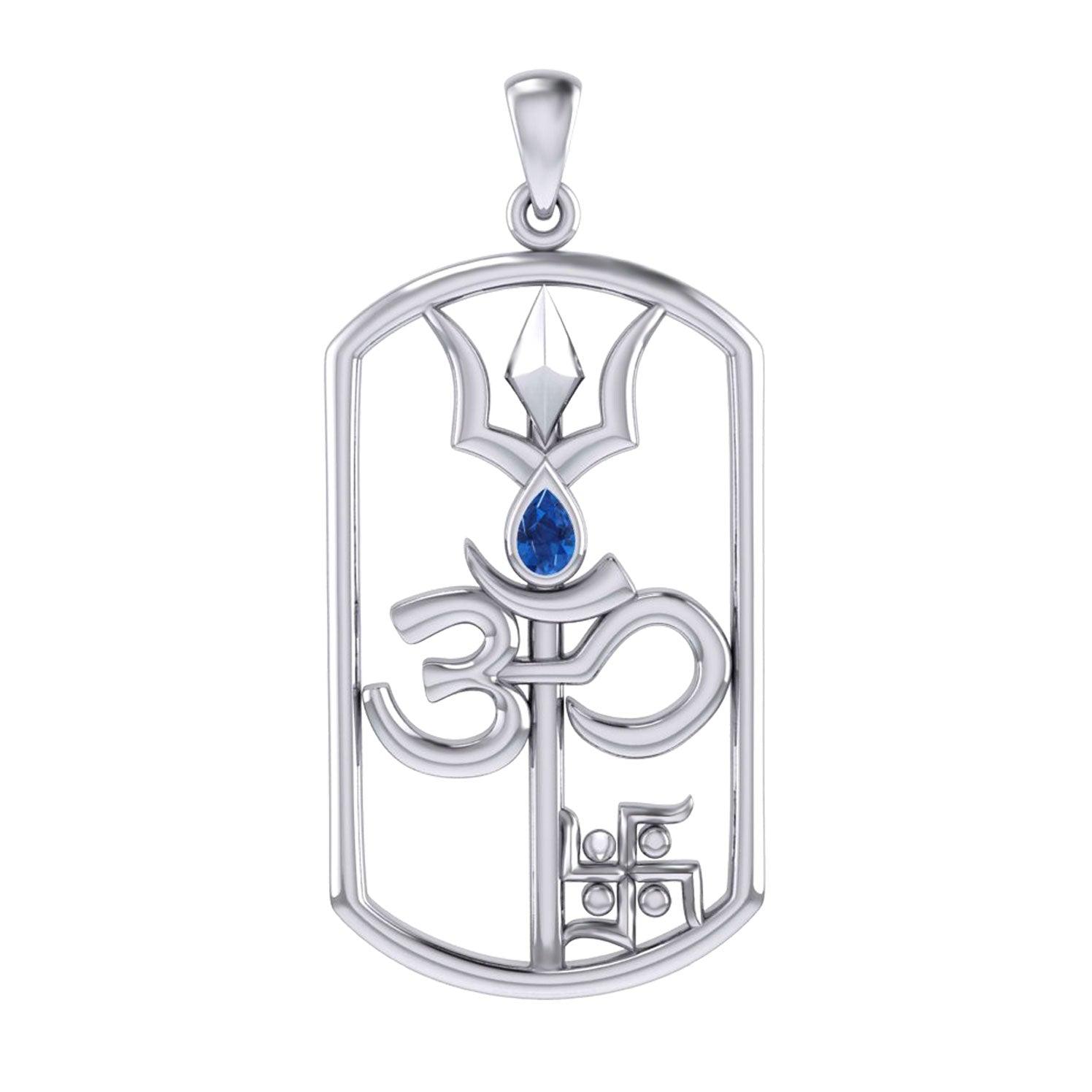 The Trishul Om Swastik Symbols Silver Pendant with Gemstone TPD7002 - Jewelry