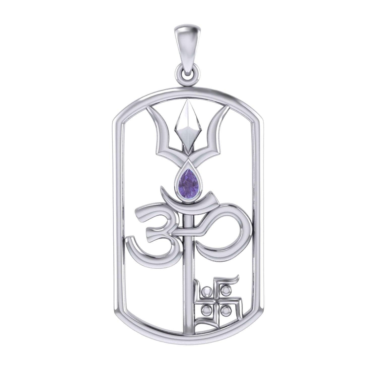 The Trishul Om Swastik Symbols Silver Pendant with Gemstone TPD7002 - Jewelry