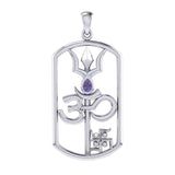 The Trishul Om Swastik Symbols Silver Pendant with Gemstone TPD7002 - Jewelry