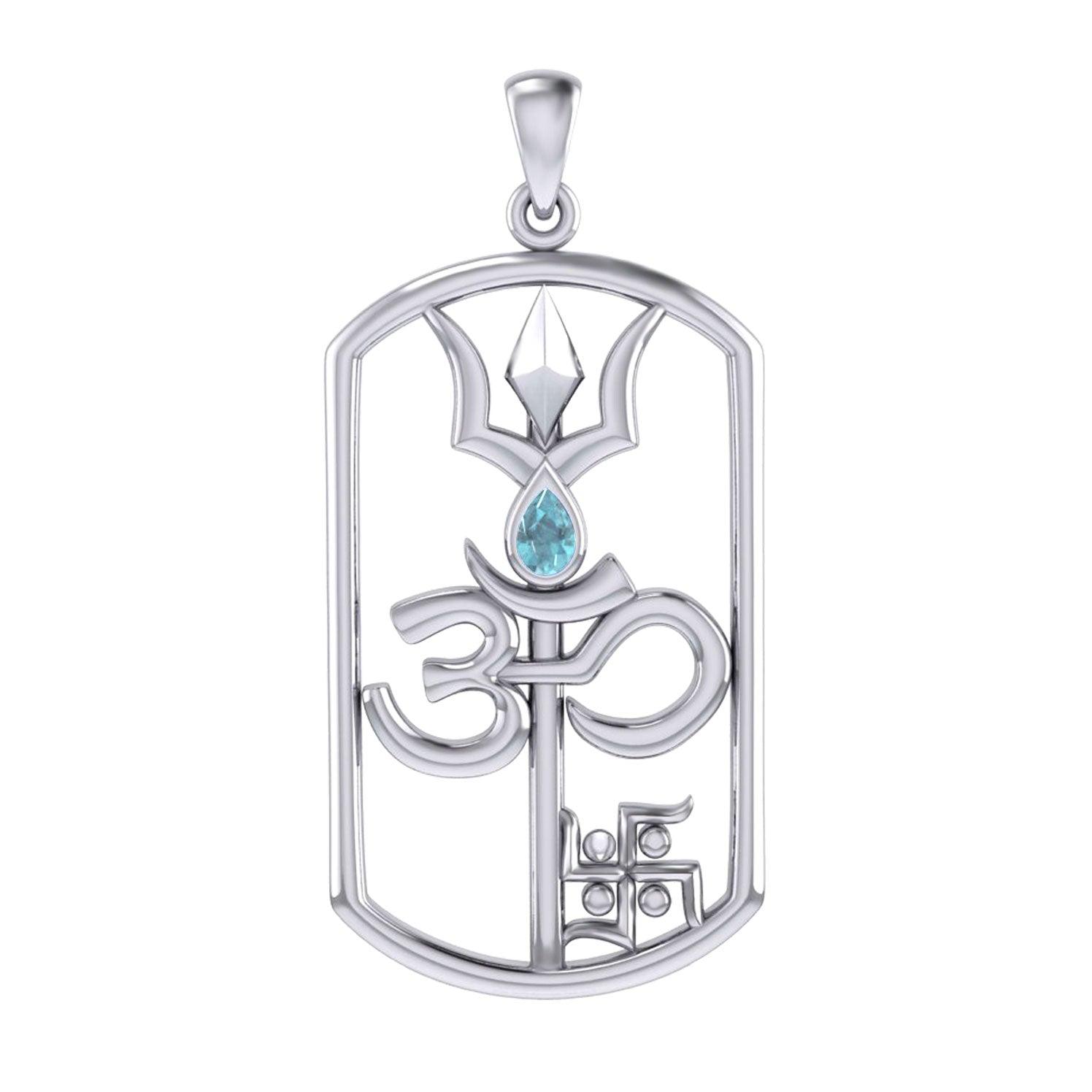 The Trishul Om Swastik Symbols Silver Pendant with Gemstone TPD7002 - Jewelry