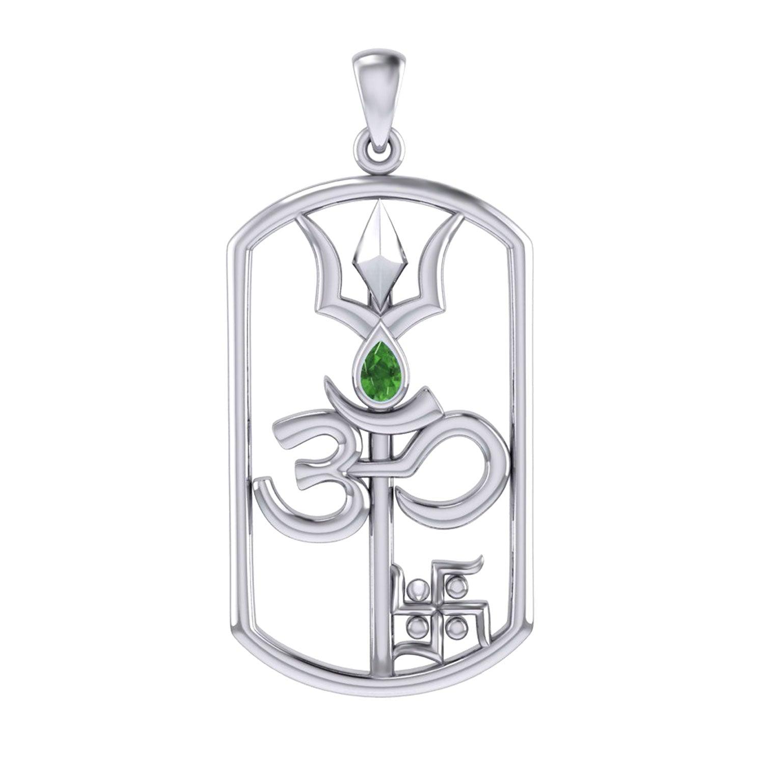 The Trishul Om Swastik Symbols Silver Pendant with Gemstone TPD7002 - Jewelry