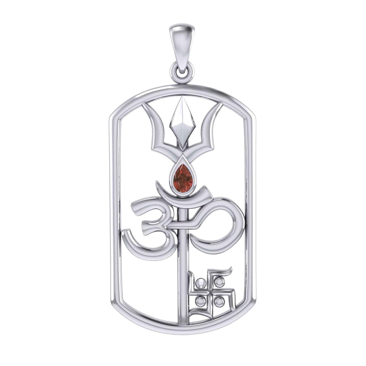 The Trishul Om Swastik Symbols Silver Pendant with Gemstone TPD7002 - Jewelry