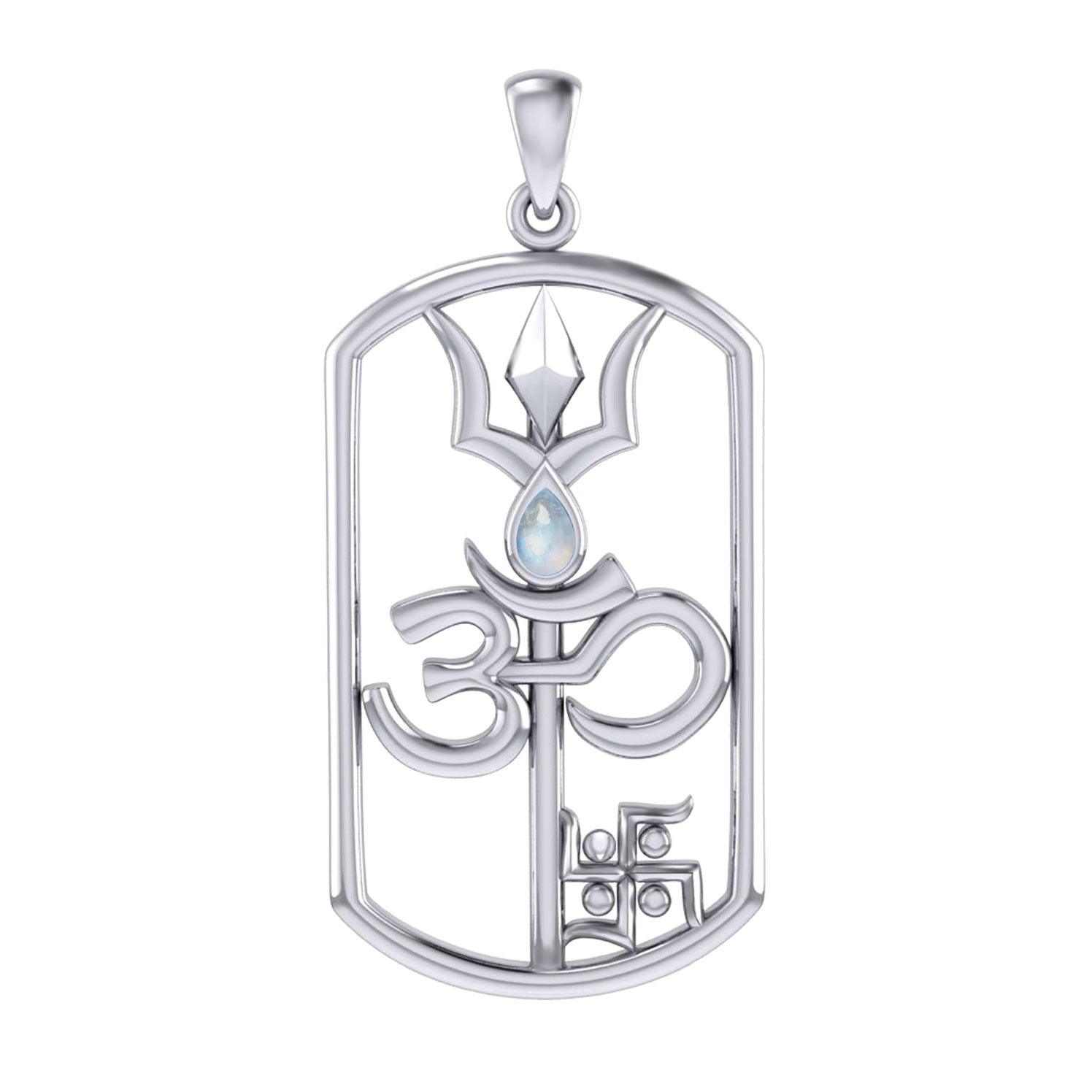 The Trishul Om Swastik Symbols Silver Pendant with Gemstone TPD7002 - Jewelry