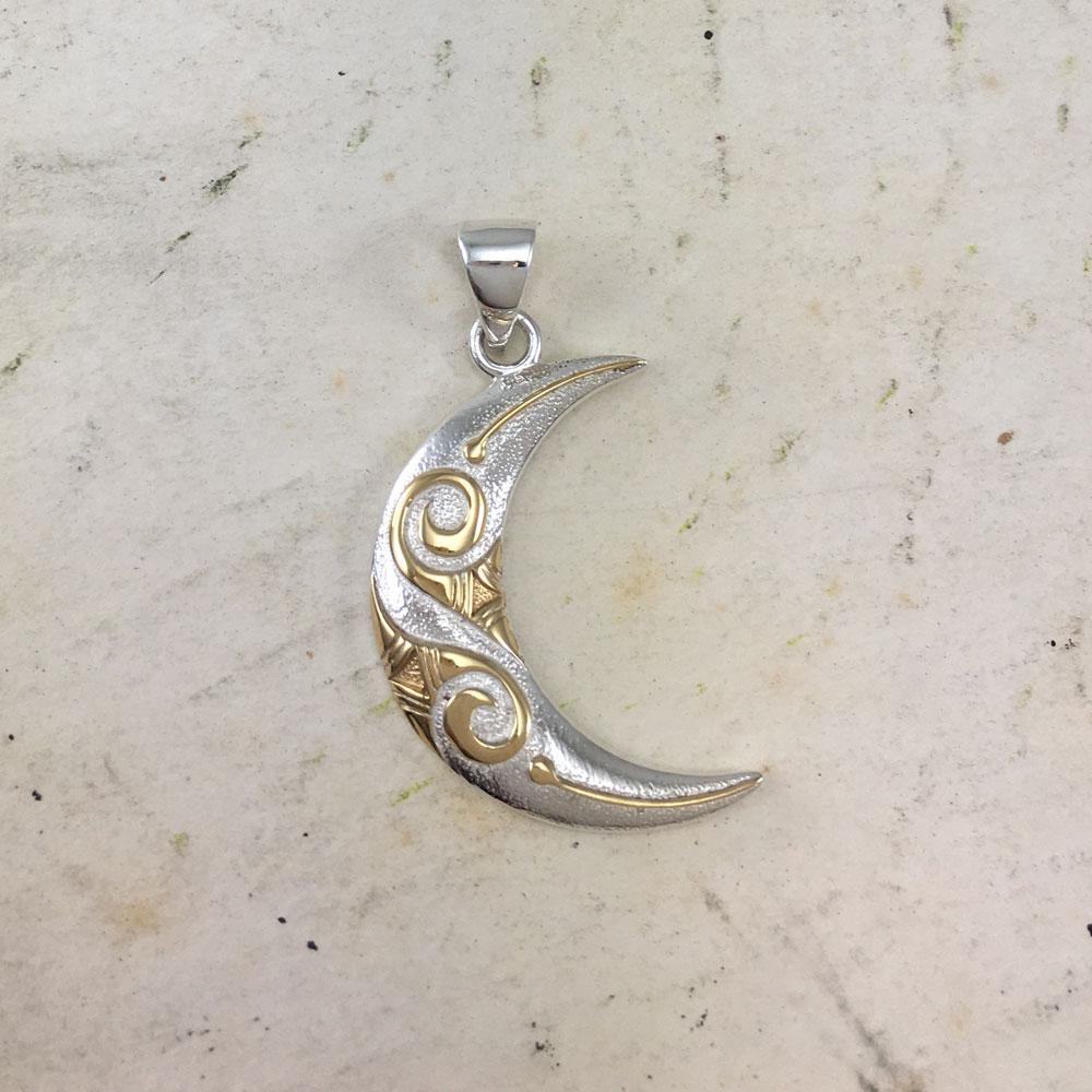 Spiral Crescent Moon Silver and 14K Gold Accent Pendant TPV3411 - Jewelry