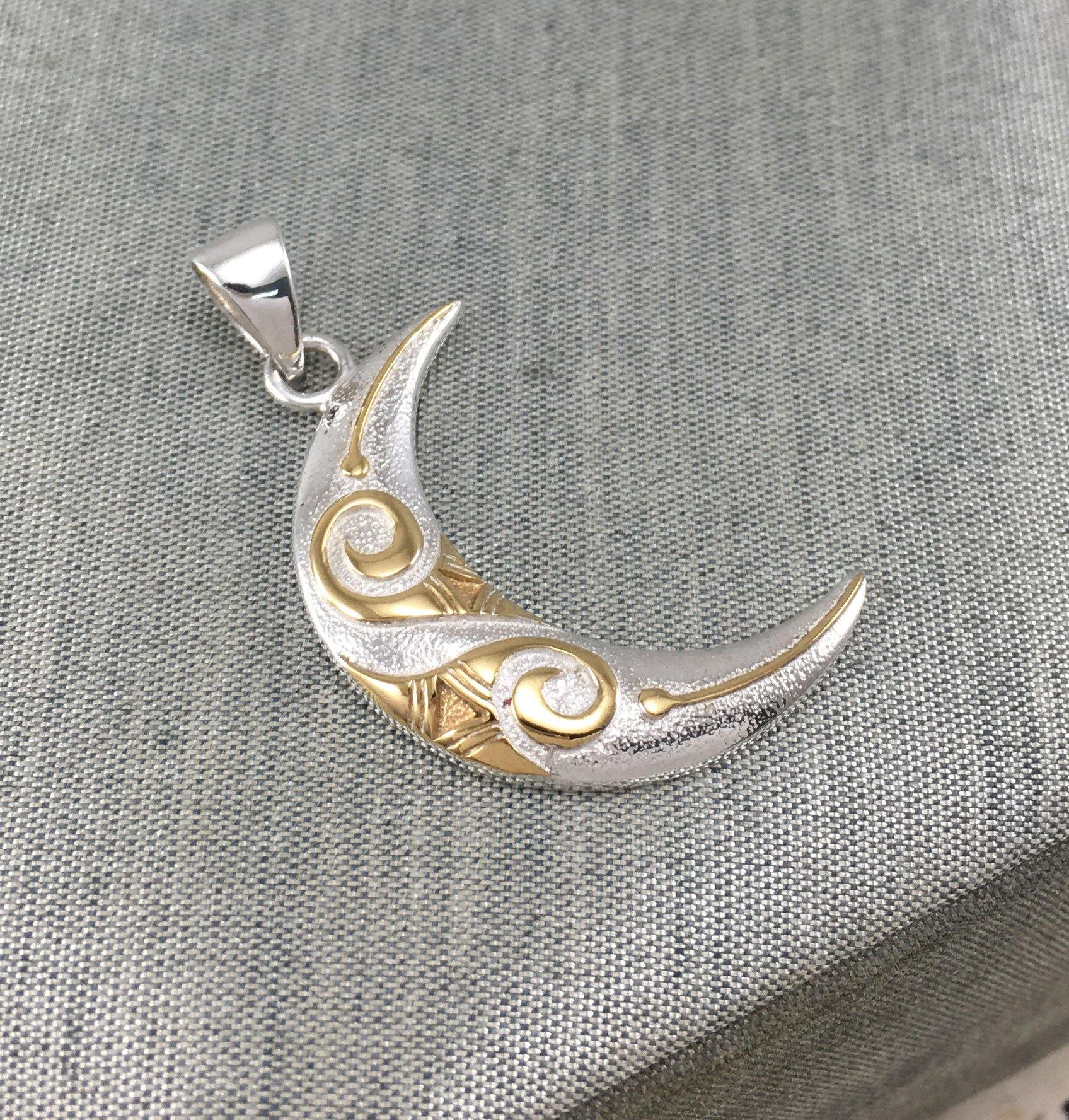 Spiral Crescent Moon Silver and 14K Gold Accent Pendant TPV3411 - Jewelry