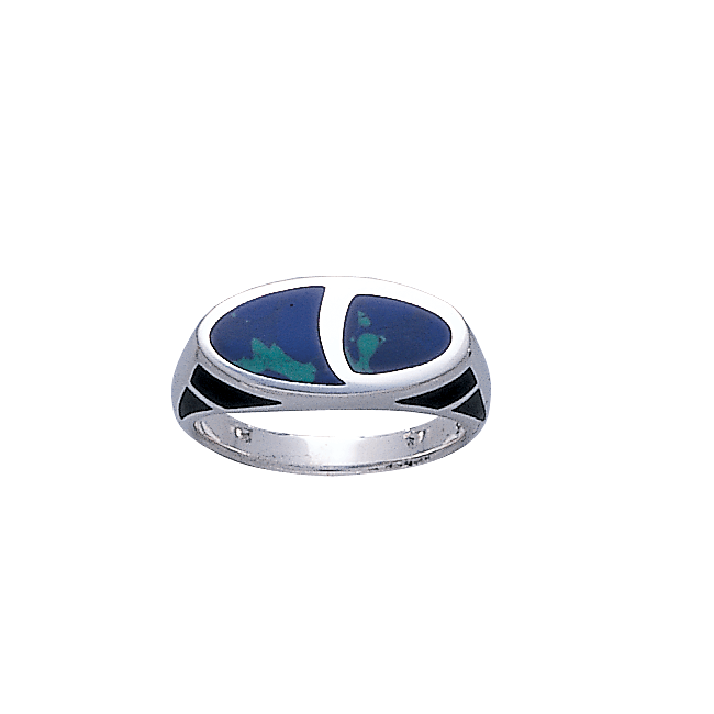 Modern Oval Shape Inlaid Silver Ring with Side Motif TR3379 - Jewelry