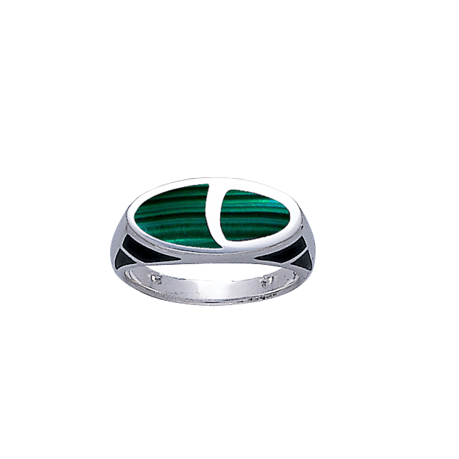 Modern Oval Shape Inlaid Silver Ring with Side Motif TR3379 - Jewelry