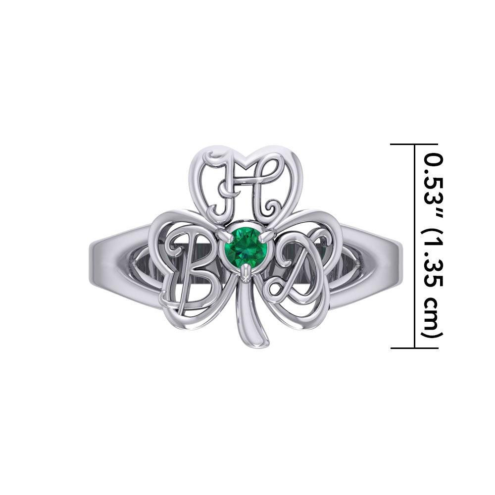 HBD Happy Birthday Monogramming Shamrock Clover Silver Gemstone Ring TRI1751 - Jewelry