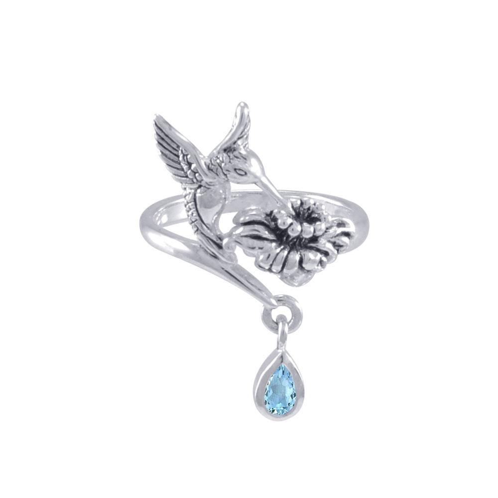 Silver Flying Hummingbird with Dangling Gemstone Flower Ring TRI1808 - Jewelry
