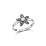 Flower with Synthetic Pearl and Marcasite Silver Ring TRI1867
