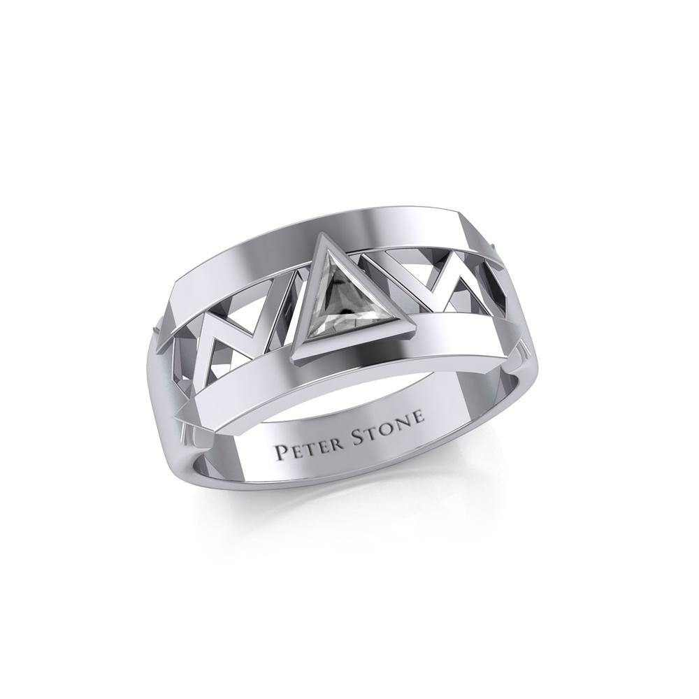Silver Modern Band Ring with Inlaid Recovery Symbol TRI1929 - Jewelry