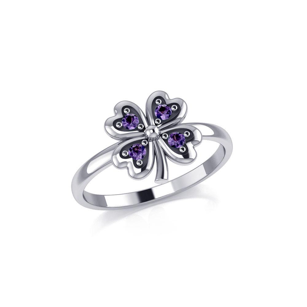 Lucky Four Leaf Clover Silver Ring with Gemstone TRI1934 - Jewelry